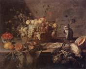 Still life of a basket of apples,grapes,plums,figs,gooseberries and redcurrants,together with a monkey,artichokes,celery,a melon,a pomegranate,a lemon, Adriaen Van Utrecht